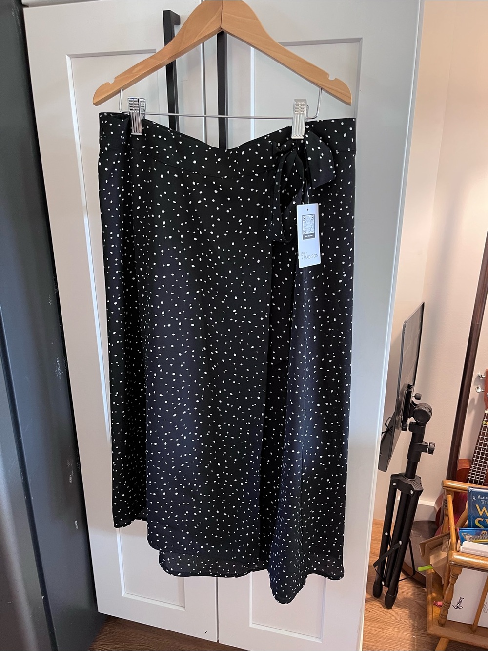 89th & Madison Black Midi Skirt with White Polka Dots and Side Tie